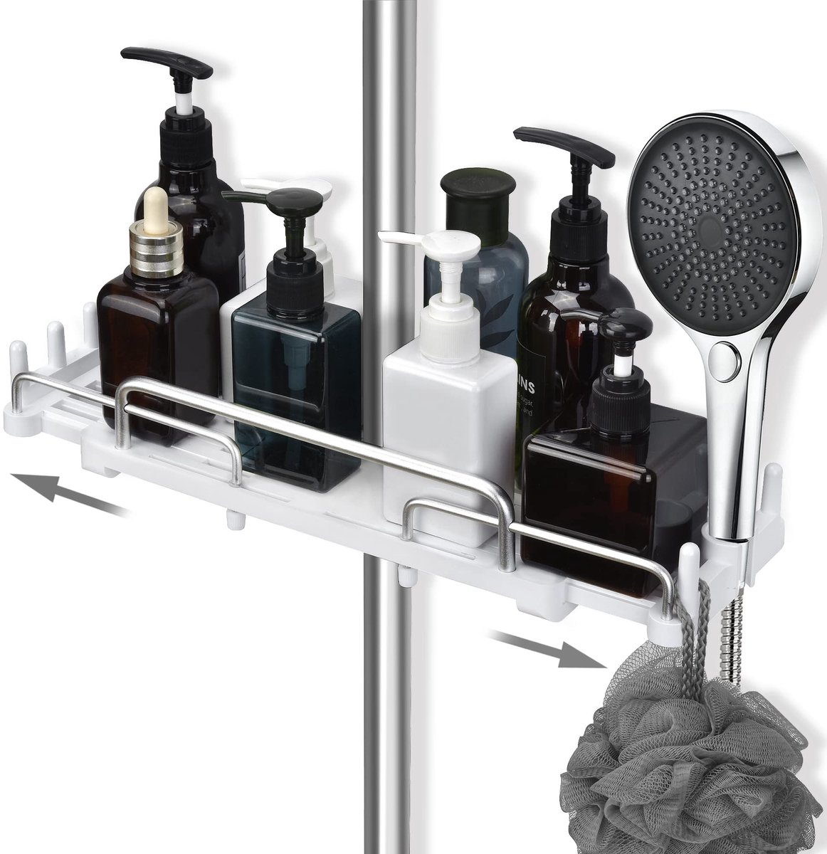 zonder boren, telescopisch 32-48cm, Duschablage om op te hangen, badkamer organizer, doucheplank zonder boren, opbergrek voor douchestang van 18 mm-25 mm (Wit)