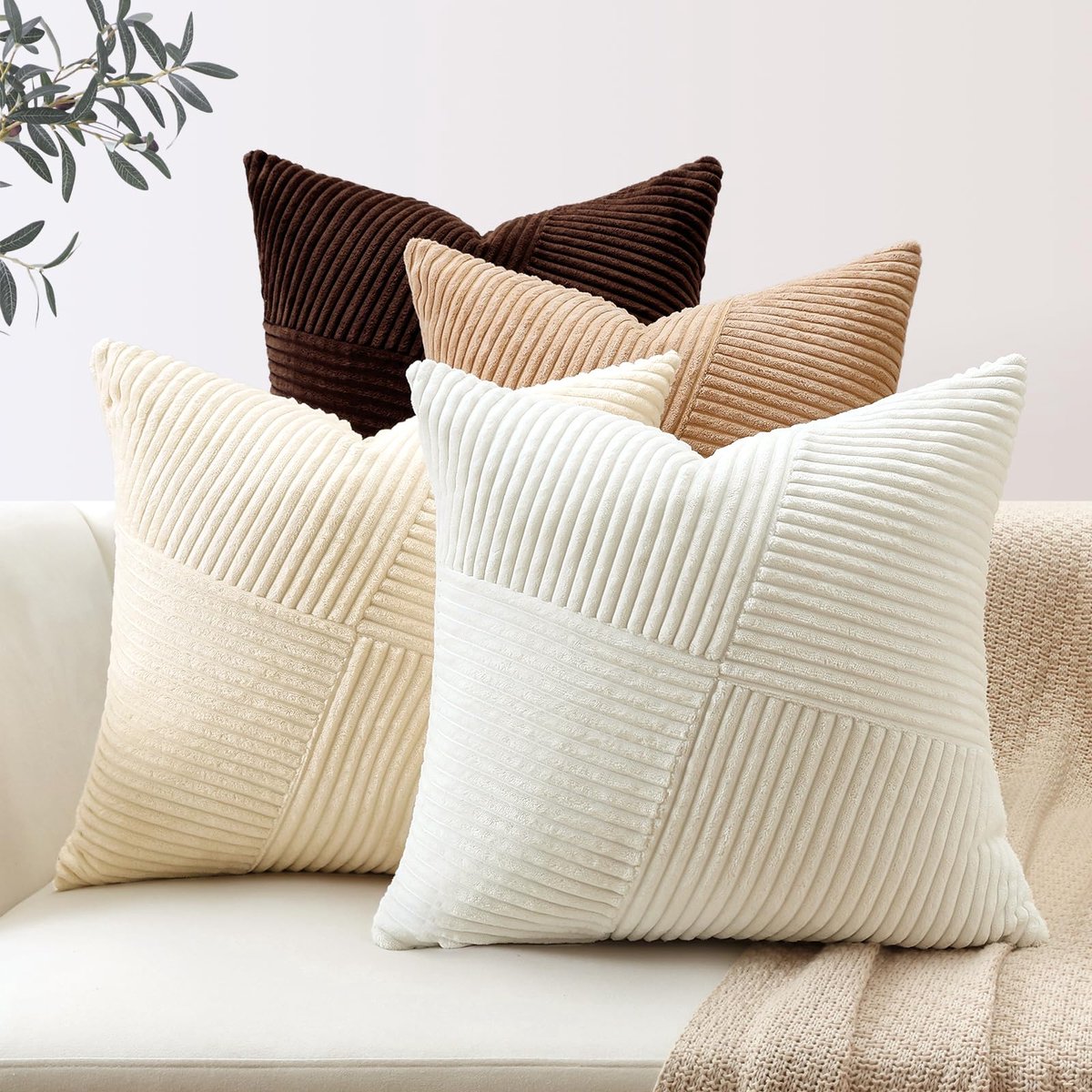 Set van 4 decoratieve kussenhoezen, zachte corduroy boho, boerderij, vierkante kussenslopen, mix en match kussenslopen voor bank, slaapkamer, woonkamer, 45x45cm, bruin crème wit