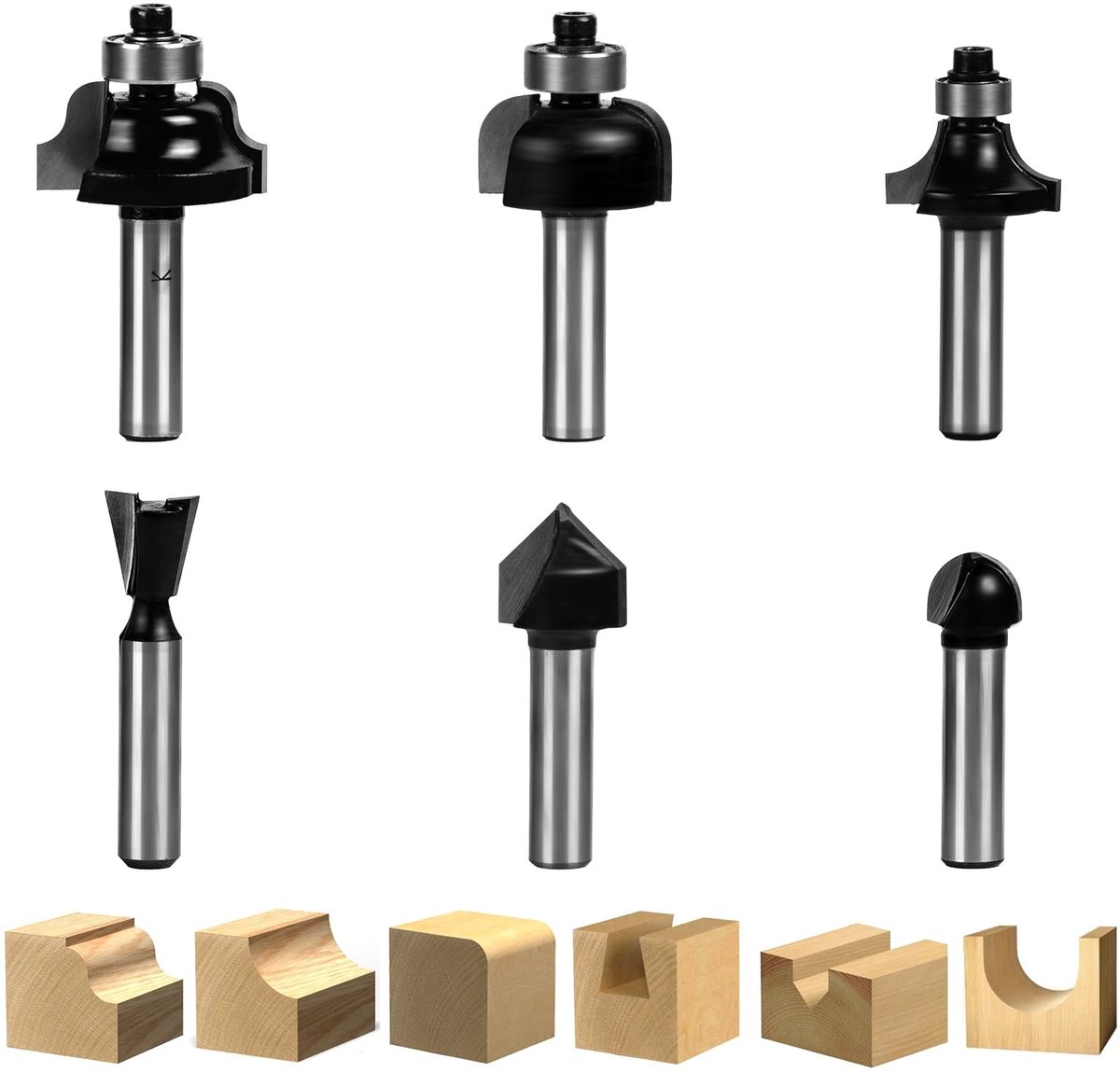 Dailygoods - Randfrees - Houten afschuinfrees - 8 mm schacht - Flush trim patroon - 6 stuks - Geschikt voor decoratieve houtbewerking