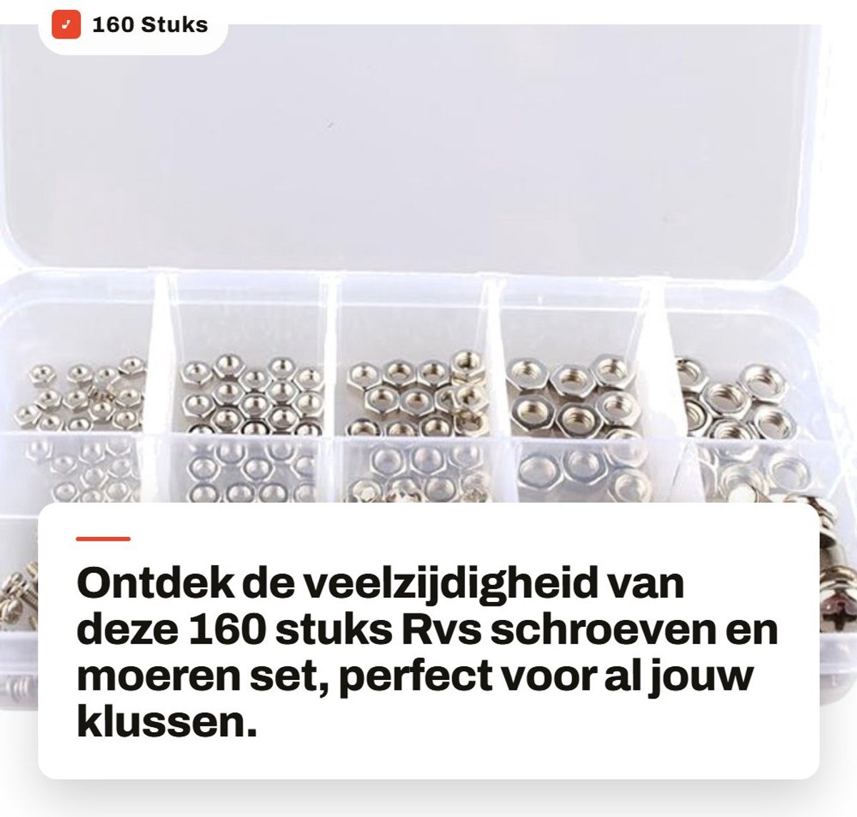 Dailygoods- Schroeven Assortiment 160 Stuks - Stalen Schroeven - Zeskantmoeren - Vernikkeld - Gepolijst - Plastic Doos - Schroefset