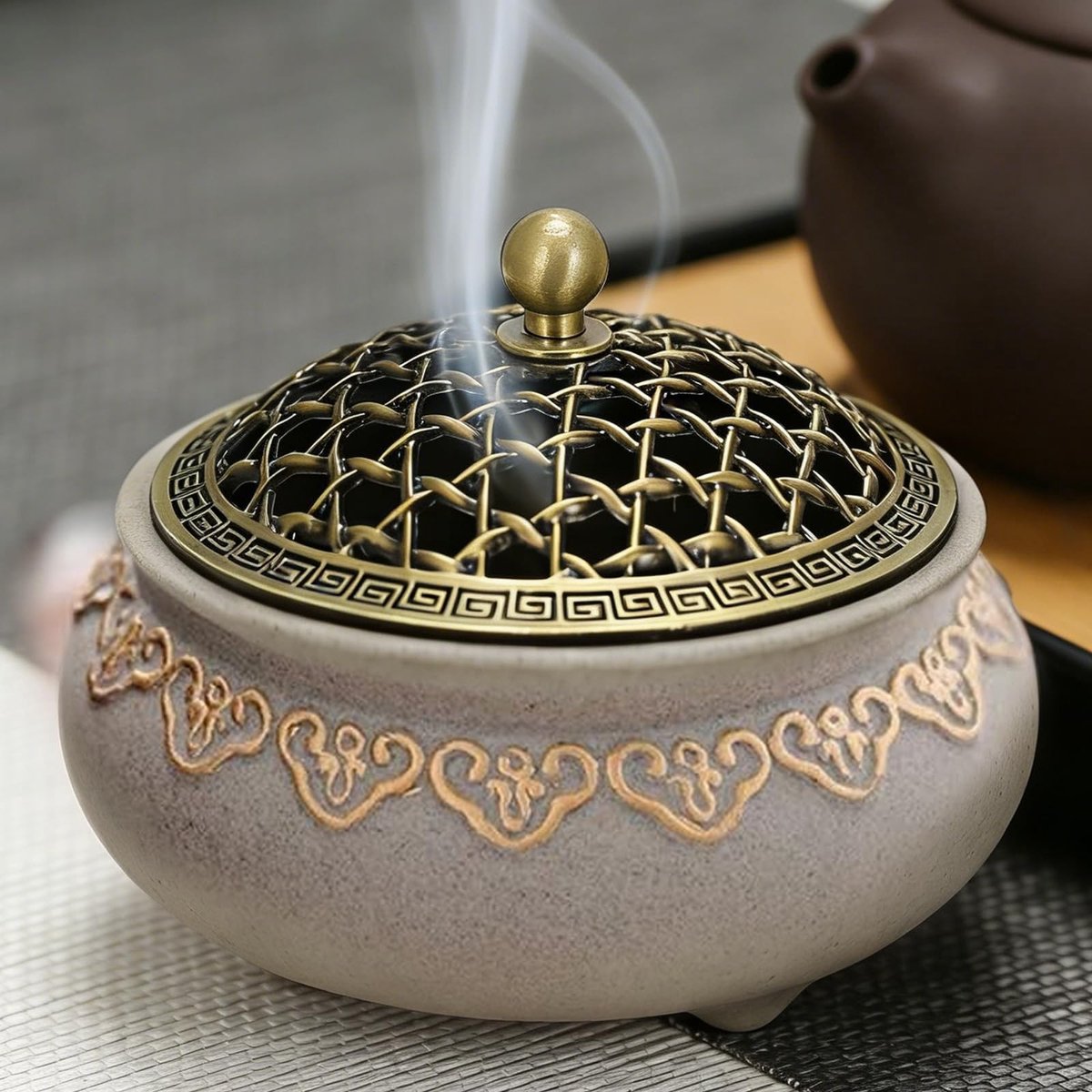Dailygoods - Vintage keramische wierookbrander met metalen deksel, wierookstokjeshouder, rond en vuurvast Chinees porselein, geschikt voor thuis, meditatieruimte, woonkamer, kantoor, decoratie