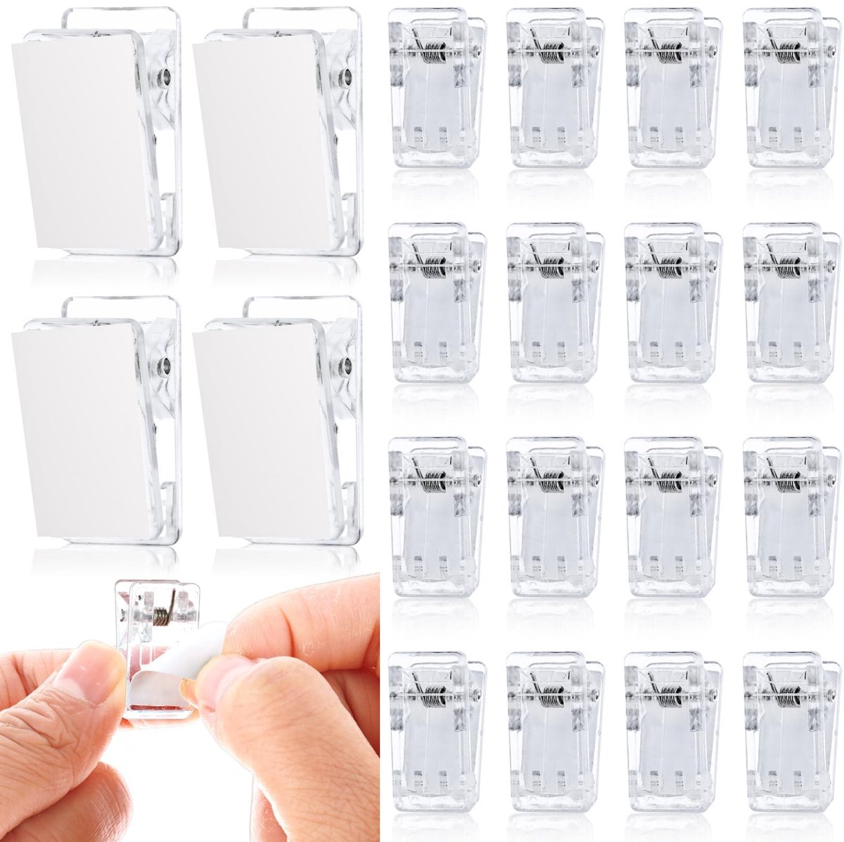 Dailygoods- Veerclips 20 stuks - Transparante Zelfklevende Clips - Kunststof Wandclips - Fotodocumenten Decoratie - Plakboek Clips - Afmetingen 2,6 x 1,3 cm - Kleefclips