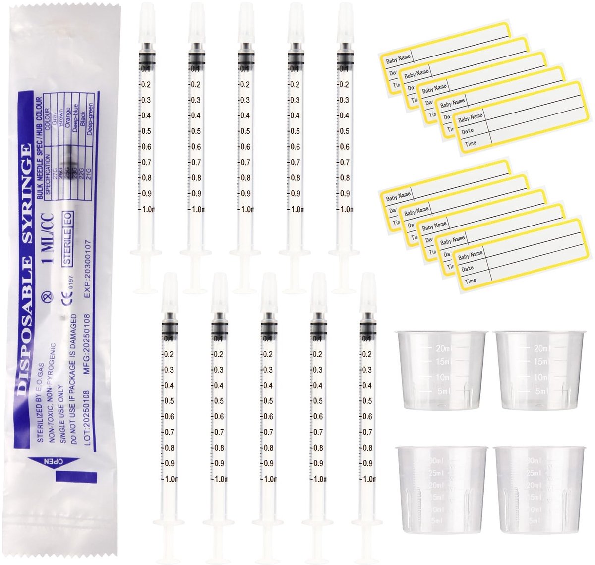 Dailygoods- Spuiten 30 stuks 1 ml - Maatbekers 20ml/30ml - Etiketten - Voor vloeistoffen - Nauwkeurige meting - BPA-vrij materiaal - Injectiespuiten
