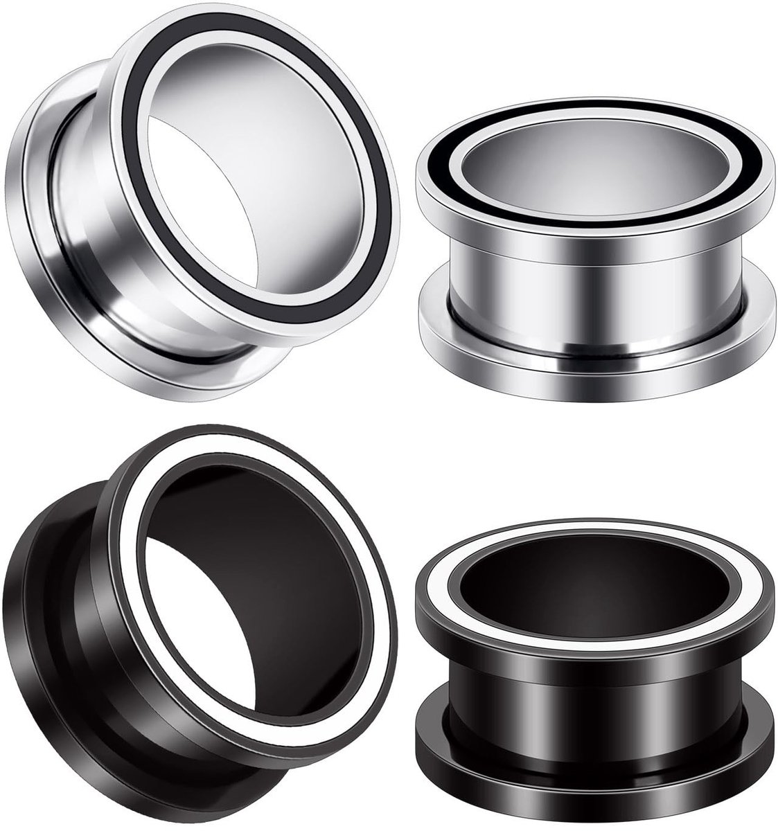 Dailygoods- Flesh Tunnels Set van 4 - Roestvrij Stalen Oortunnels 316L - Hypoallergeen - Zwart/Zilver - Schroefdop - 10 mm / 25 mm