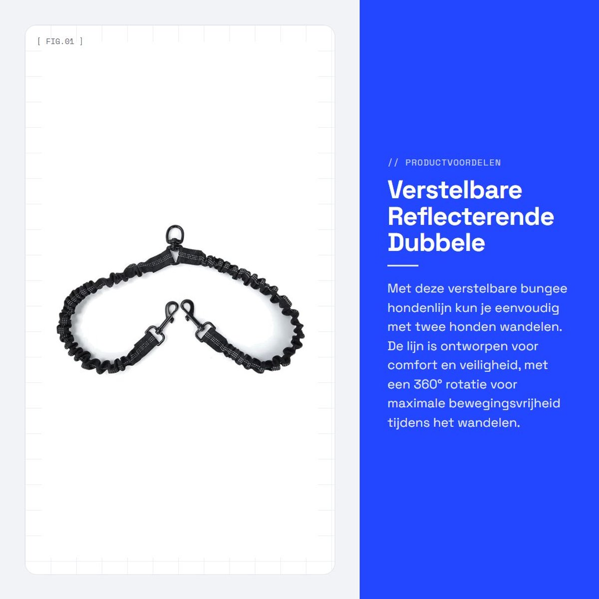 Dailygoods- Hondenlijn Verstelbaar - Dubbele Hondenlijn - Bungee Hondenriem - 360° Draaibaar - Reflecterend - Schokabsorberend - Dubbele Riem