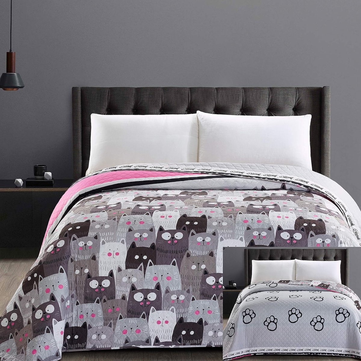 32329 Sprei 170 x 210 cm microvezel sprei stiksel tweezijdig onderhoudsvriendelijk beige lichtbruin cacaobruin grijs staal antraciet grafiet zwart wit roze katten cats' invasion