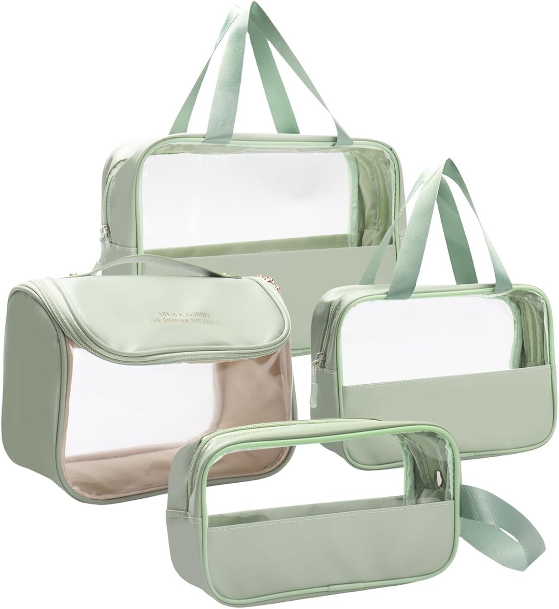 toilettas, 4 stuks, cosmeticatas, waterdicht, pvc + PU handbagage, toilettas, ritssluiting, vliegtuig voor familie, mannen, vrouwen, groen