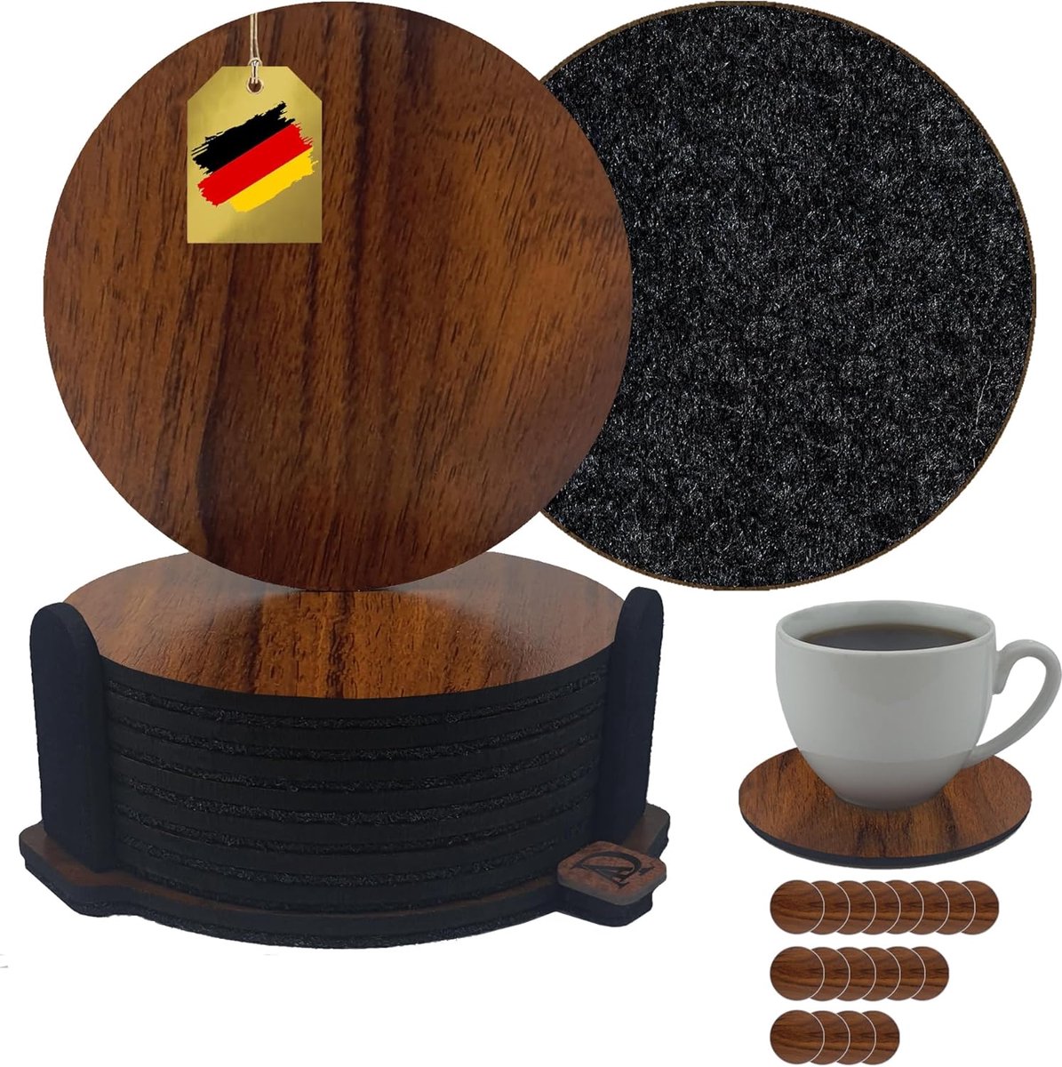 Onderzetters voor glazen van hout en vilt, set van 8 met houder, rond 10 cm, bruine houtlook, donkergrijs vilt — 2-in-1 glasonderzetters, onderzetterset voor dranken — cadeau in Wonen & Interieur - foto 6