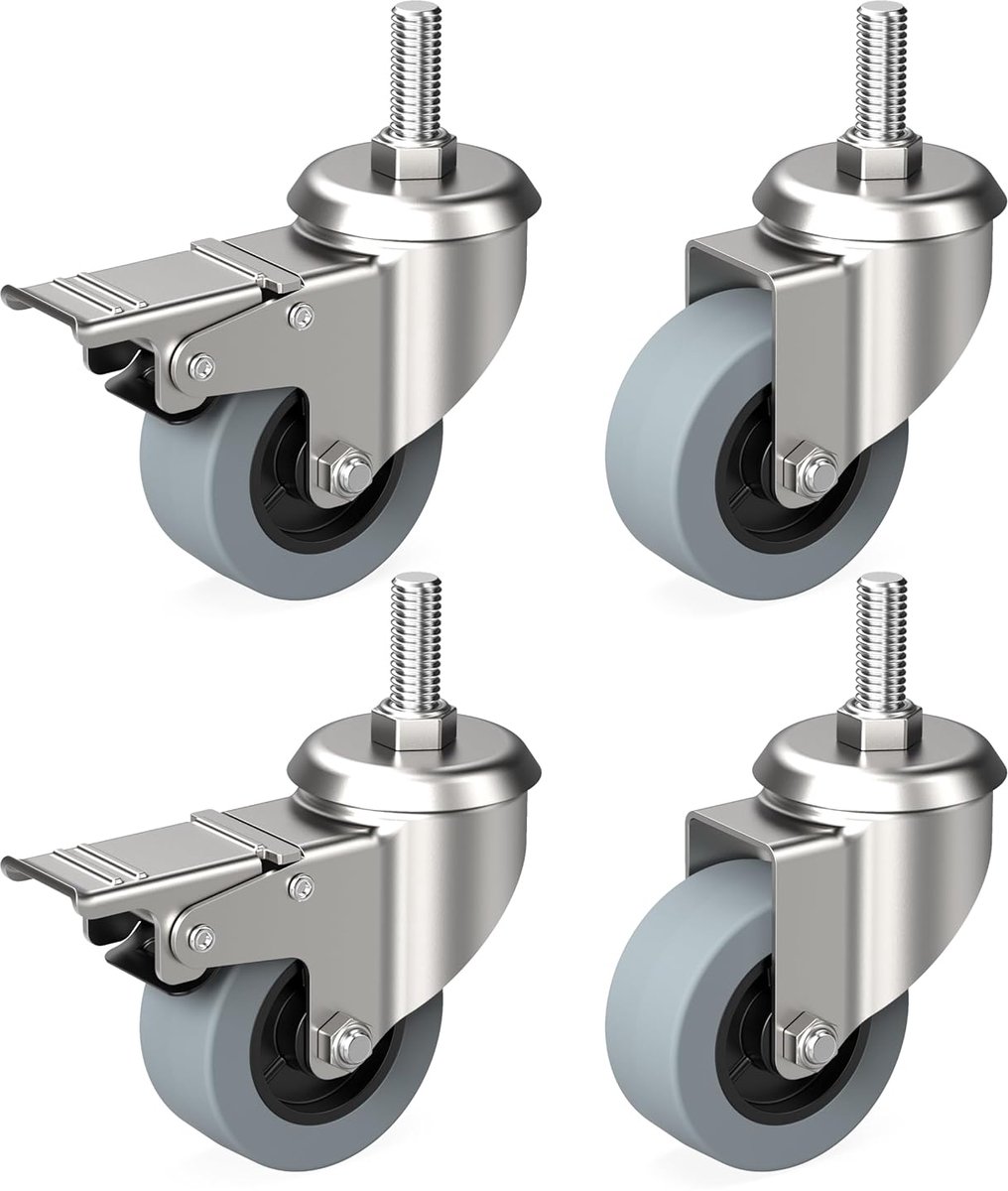 HAMAN Set van 4 Meubelwielen 50 mm met draadstift 10 mm x 25 mm - Zware wielen met rem tot 30 kg per wiel - Zwenkwielen voor binnen en buiten - Zwenkwielen voor vele vloertypes