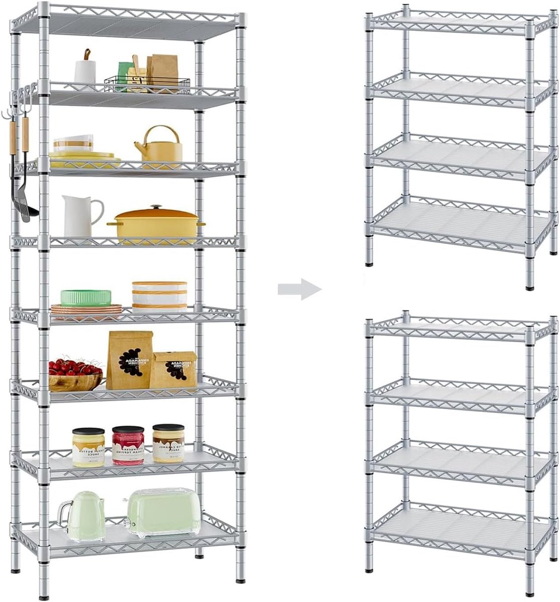Opbergrek van metaal, in hoogte verstelbaar, zwart, keukenrek, met 8 planken, eenvoudige montage, multifunctioneel rek, robuust en stevig, belastbaar tot 400 kg, voor keuken, badkamer en