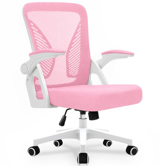 Roze bureaustoel met gaasrug en witte accenten, frontaal zicht.