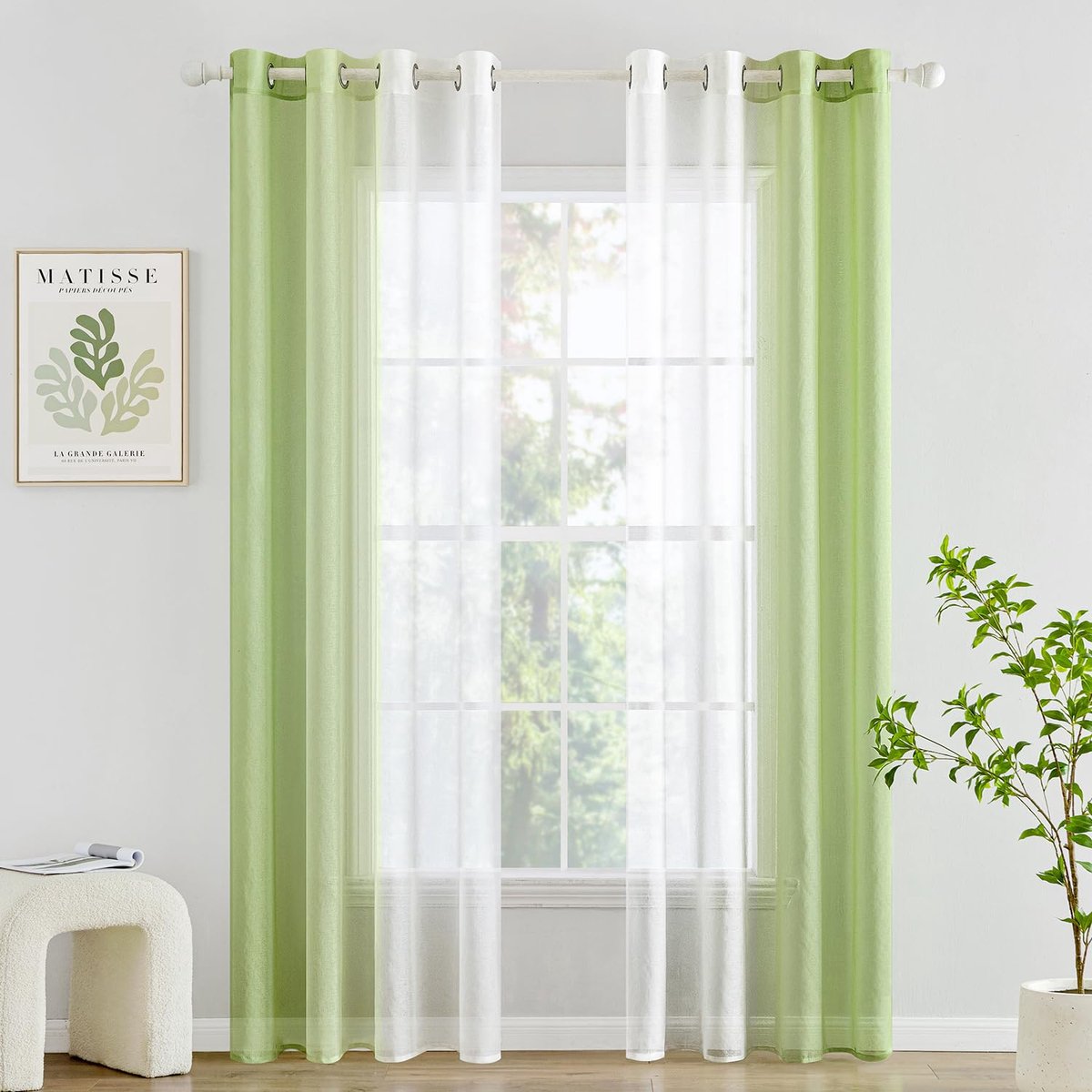 transparante gordijnen, gordijnen met ringen en kleurverloop, semi-transparant, lichtgewicht, elegant, binnengordijnen voor moderne woonkamer, huis, set van 2, 140x260cm, lichtgroen