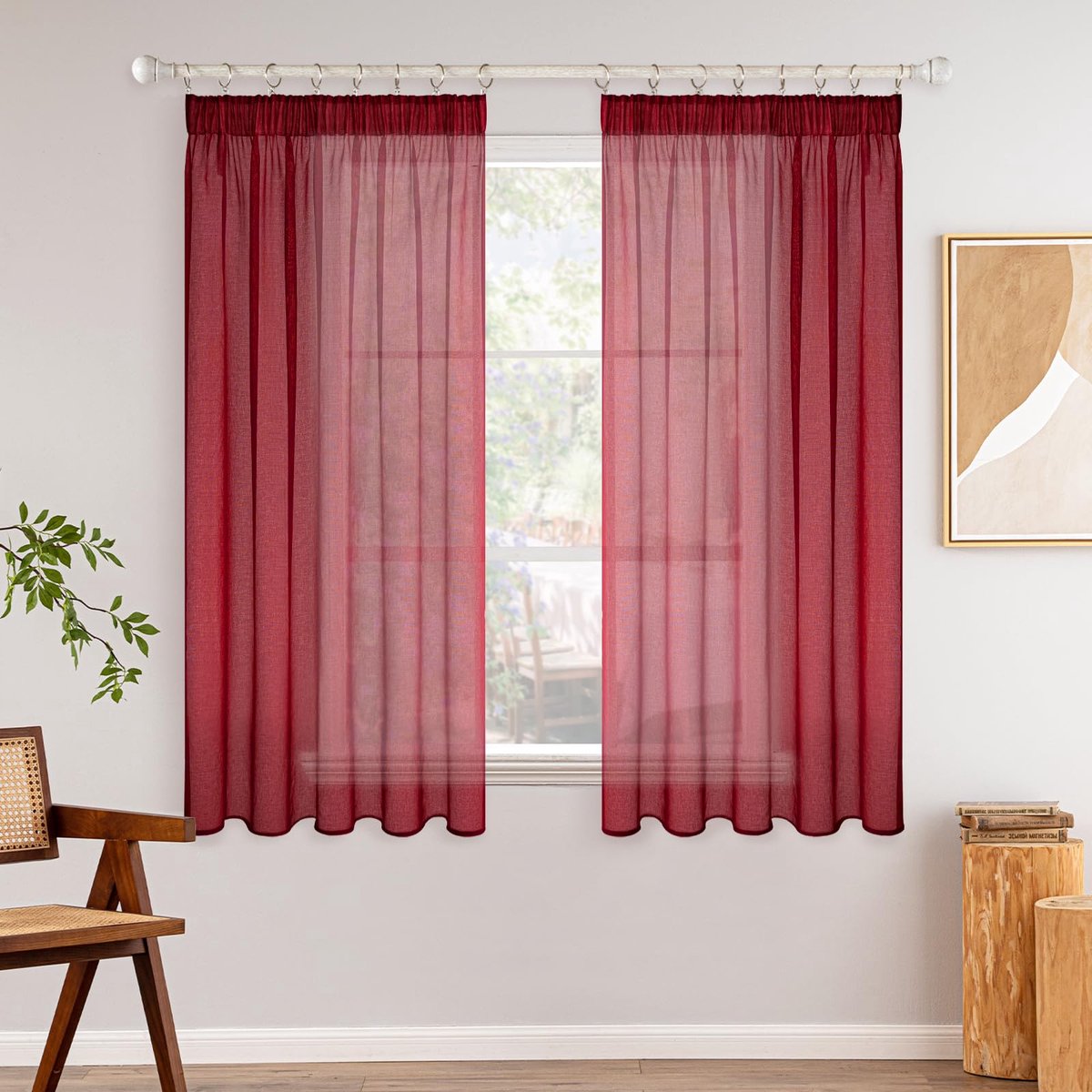 Gordijnen met plooiband, set van 2 gordijnen, vitrage, voile gordijnen, voor woonkamer, slaapkamer, rood, 140 x 145 cm