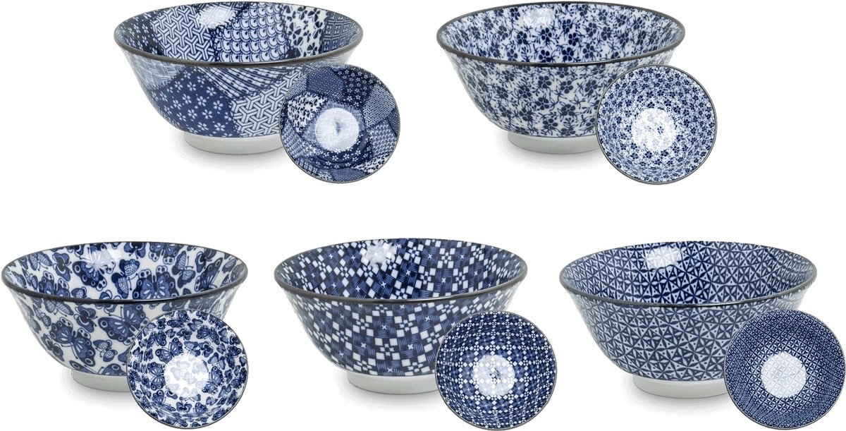 - Kommen set van 5 blauw - Serviesset - Udon bowl - Eetset - Serveerschalen - Ontbijtkommen - Soepkommen - Saladeschaal - Slakom - Mengkom - Poke bowl - Noedels - Mueslikommen - Dessertkommen