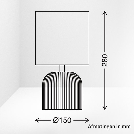 Dessin schématique d'une lampe de table avec dimensions : hauteur 280 mm, diamètre 150 mm.