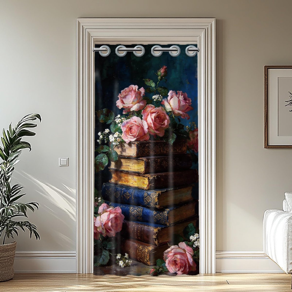 Deurgordijn voor deuropeningen, vintage boekendeurgordijn, ruimteverdeler-gordijnen met kunststof ringen, vouwgordijnen voor kasten, slaapkamer, woonkamer, 200 x 100 cm