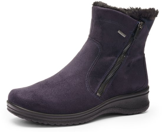 Botte d'hiver bleu marine avec fermeture éclair latérale, col en fourrure et logo Gore-Tex.
