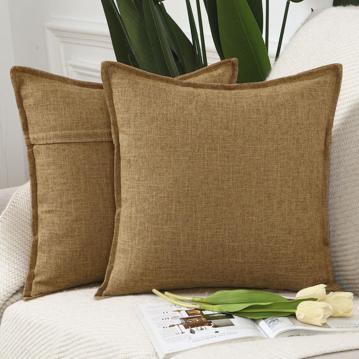 Set van 2 Imitatielinnen kussenslopen Zachte Decoratieve Kussenhoes voor Sofa Slaapkamer Kussensloop 60x60 cm Gember