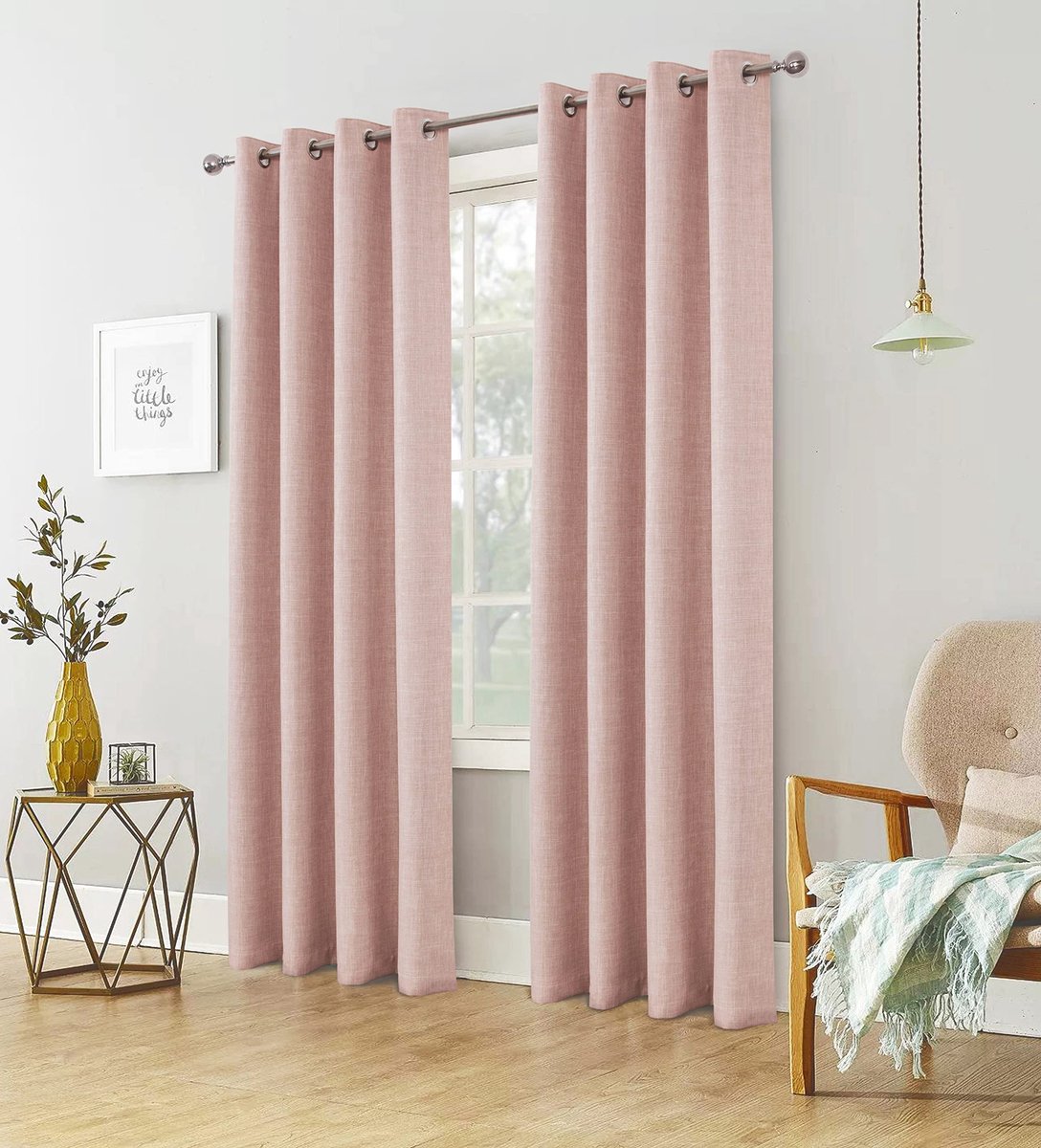 Verduisterende gordijnen, 100% imitatielinnen, warmte-isolerend, moderne woonkamer, met ringen, dubbele gordijnen, zacht en kreukvrij materiaal, roze, 140 x 260 cm, set van 2