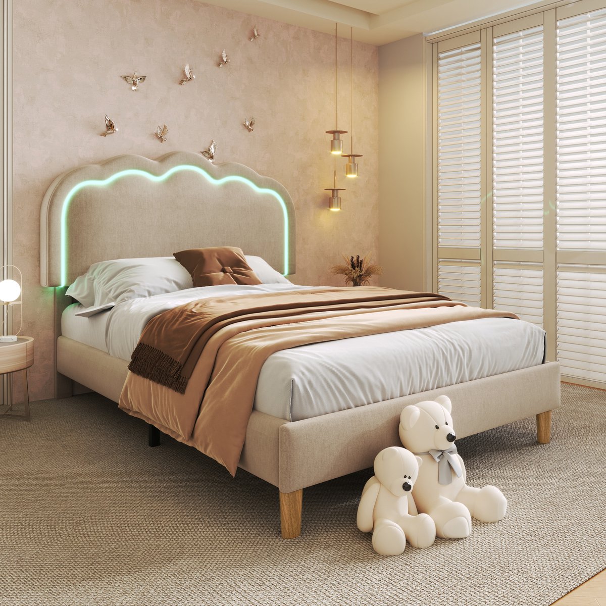 Gestoffeerd bed 90x200 cm - Met ledverlichting, eenpersoonsbed 90x190 cm, bedframe met lattenbodem en verstelbaar hoofdeinde, gestoffeerd bed in Beige, bedframe voor een kinderbed in de slaapkamer of logeerkamer - fluweel