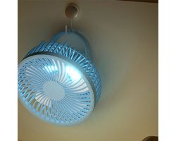 Draagbare oplaadbare bureauventilator met ledverlichting en haken – ventilator met 1200 mAh-accu voor tenten en reizen