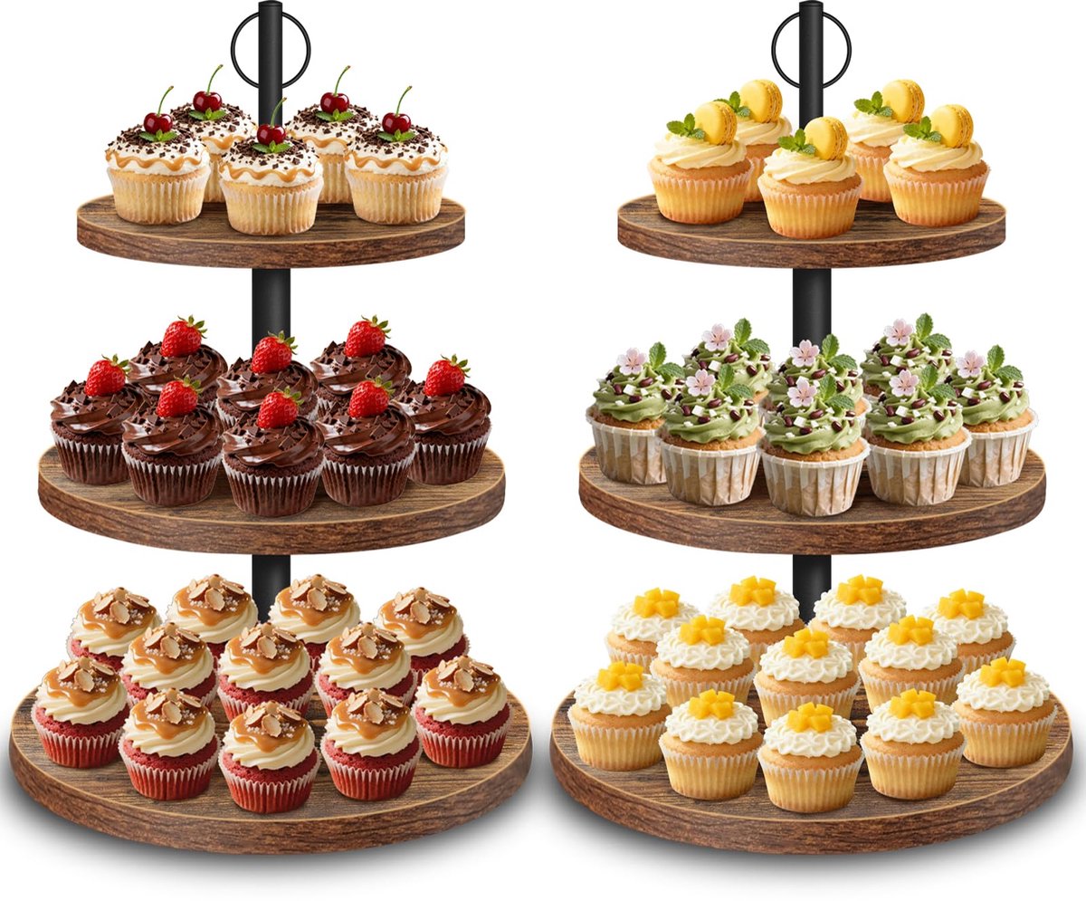 3 verdiepingen van hout – Grote cupcakestandaard Ø 30/25/20 cm, taartstandaard en cakestand voor muffins, taarten, desserts, bruiloft, feest, verjaardag, babyshower 2-pack