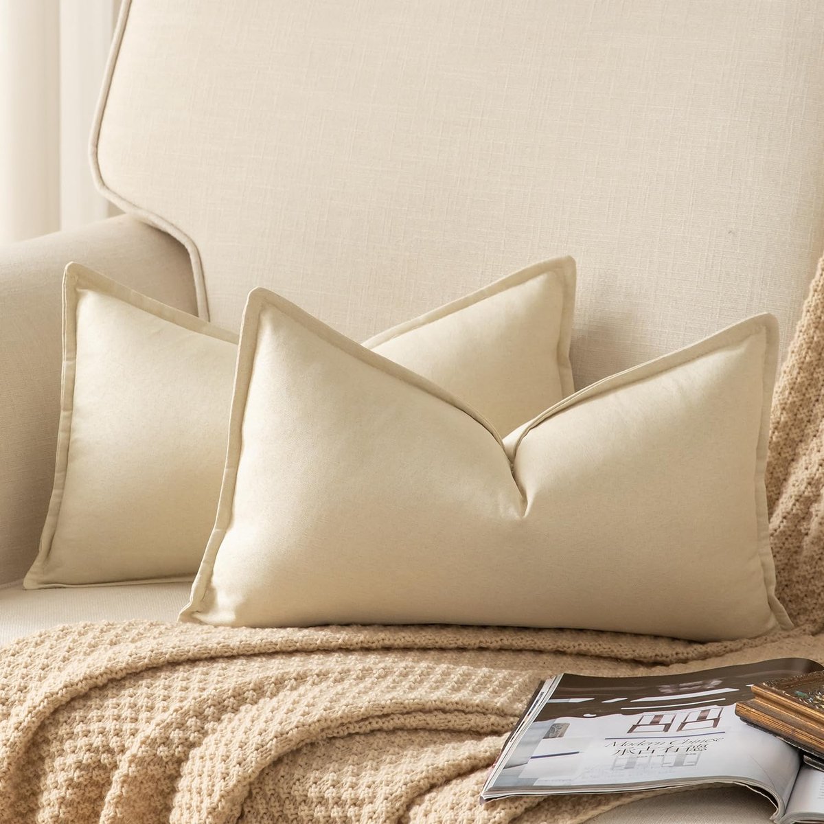 Set van 2 decoratieve linnen Soild kussenhoezen, boerderij, neutrale kussenslopen voor stoel, bank, slaapkamer, woonkamer, woondecoratie 30x50 cm, beige