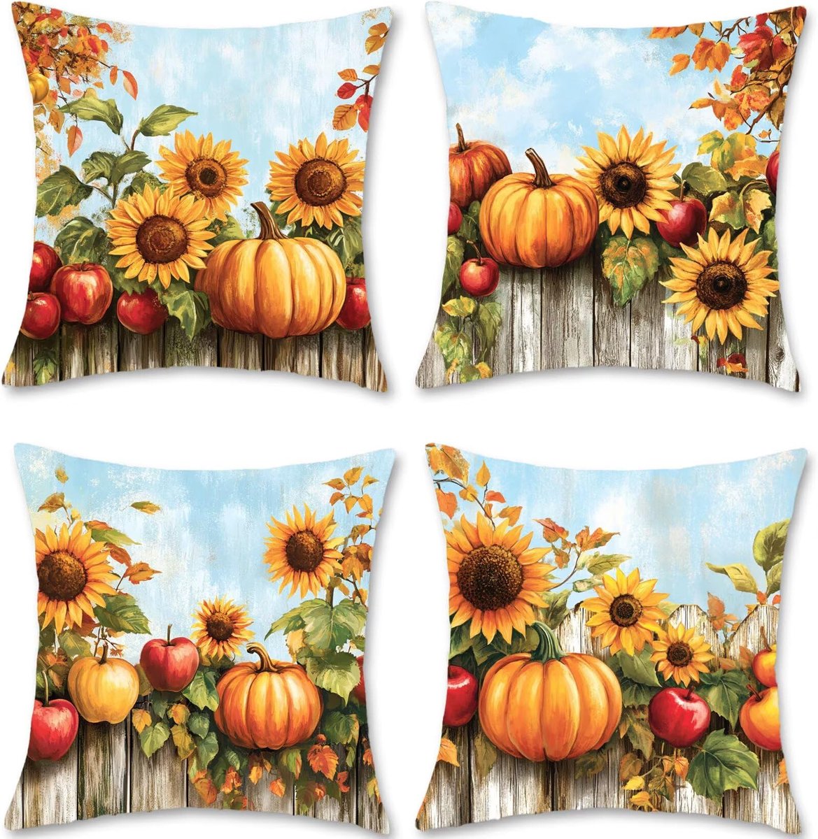 50 x 50 cm, zonnebloem, set van 4, outdoor kussens, bankkussen, linnen, hoofdkussen, sierkussen, kussenslopen, kuRbis kussenhoezen, dubbelzijdig bedrukt, kussenhoes voor decoratie
