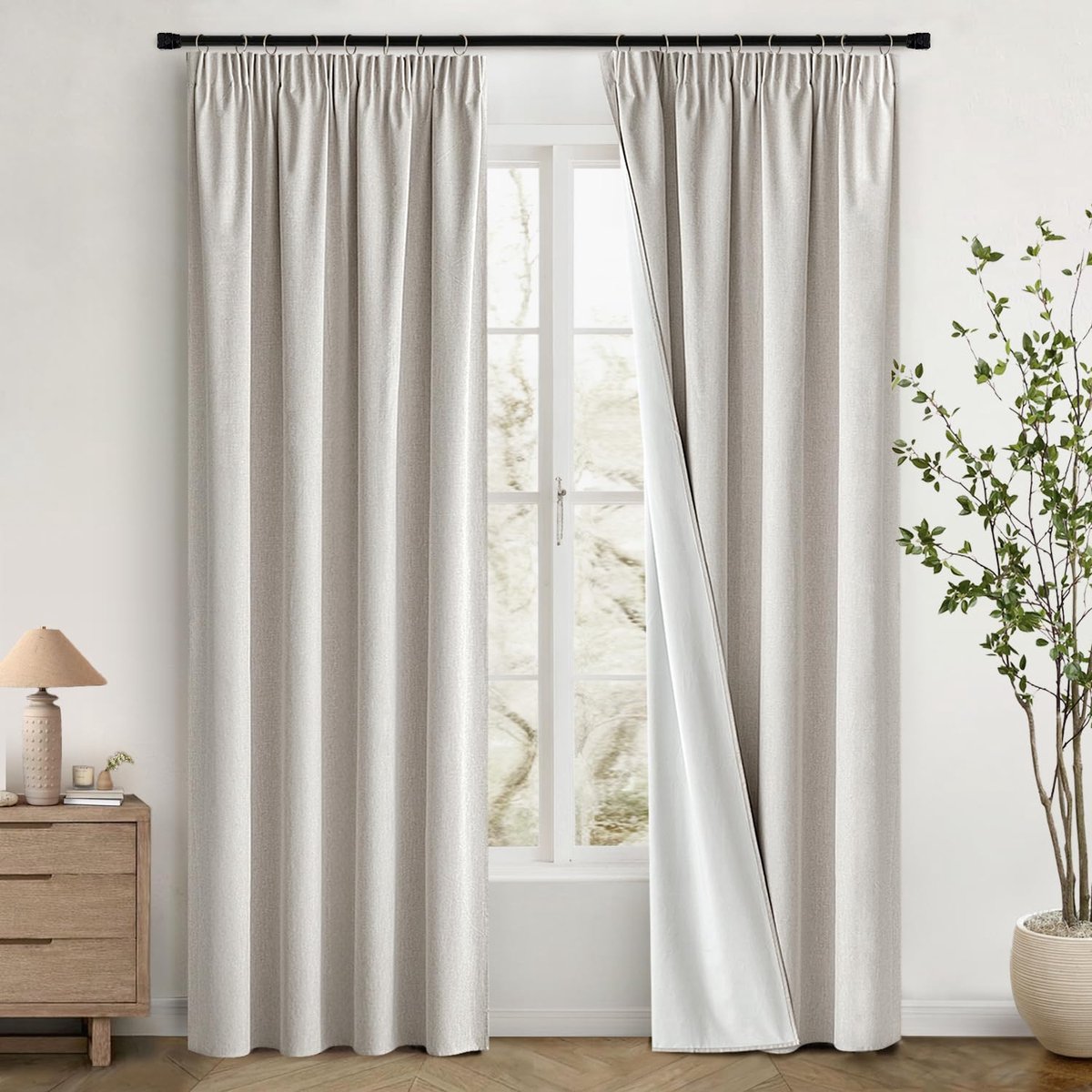 100% ondoorzichtige gordijnen met plooiband, linnenlook, verduisteringsgordijn, thermogordijn, koudebescherming, raam, woonkamer, modern, slaapkamer, balkondeur, set van 2, 140 x 225 cm