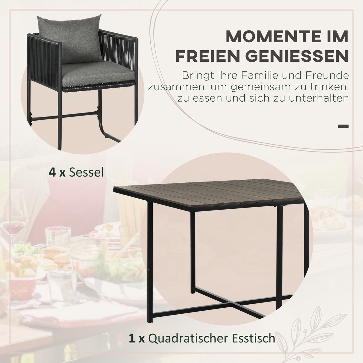 YYchan tuinset met eettafel voor buiten - 4 personen - met kussens - grijs - 110 x 110 x 75 cm