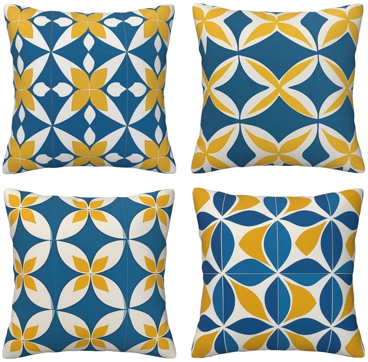 Set van 4 kussenslopen, 65 x 65 cm, bedrukt, blauw en geel, kussenslopen, fluweel, zacht, groot, ademend, dubbelzijdig, bankkussen, vierkant, decoratie voor auto, huis, woonkamer, bank, slaapkamer