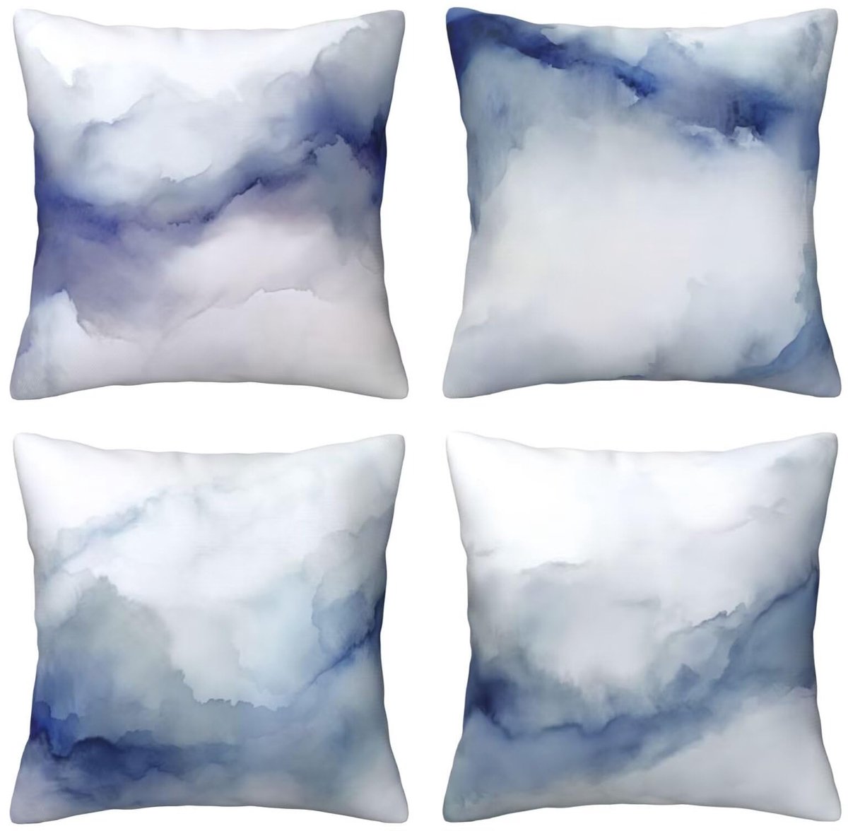 Kussenslopen, 65 x 65 cm, blauwe inkt, 4 stuks, vierkant, fluweel, zacht en ademend, decoratieve kussenhoes met verborgen ritssluiting, voor slaapkamer en woonkamer, bank, E7958