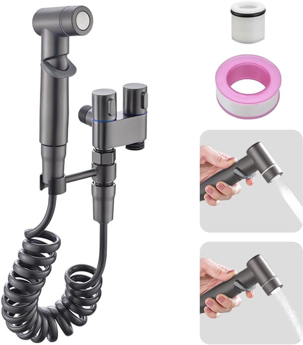 LISM-Mini toiletkraan en douchekopset met 1 inlaat en 2 uitlaat dubbele regelventielen, inclusief sproeier, multifunctionele handbidet, incontinentiedouchekop, slang en accessoires (grijs).