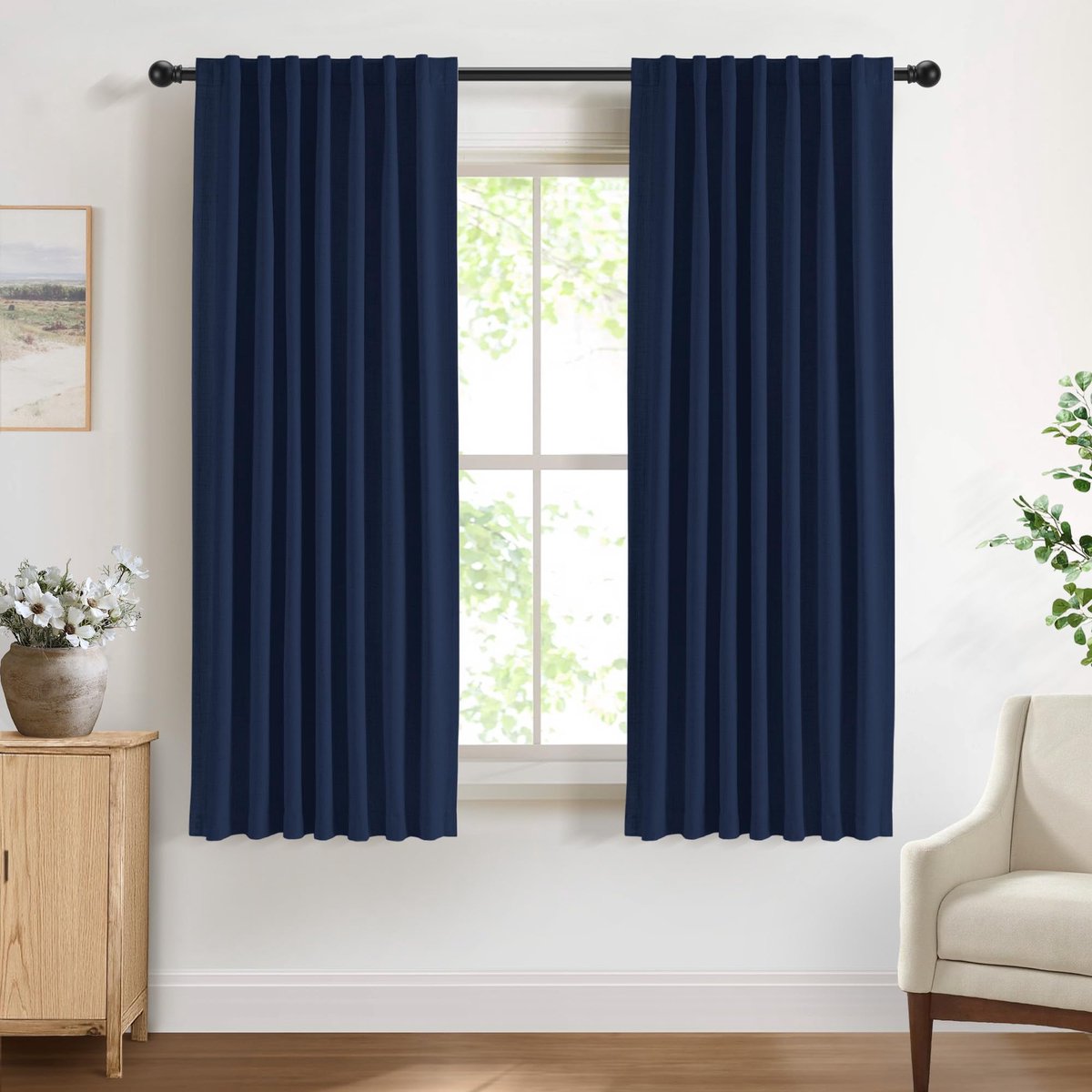 100% verduisteringsgordijnen met verborgen lussen, linnenlook, set van 2 ondoorzichtige gordijnen, stangdoorgang voor slaapkamer of woonkamer, 160 x 140 cm (h x b), midnight blue