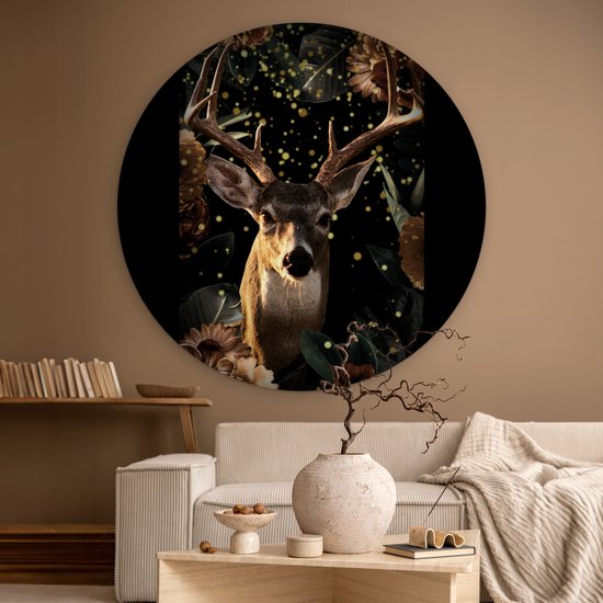 WallCircle - Wall Circle - Wall Circle Indoor - Cerf - Animaux - Lumière - Fleurs - 140x140 cm - Décoration murale - Peintures Ronds