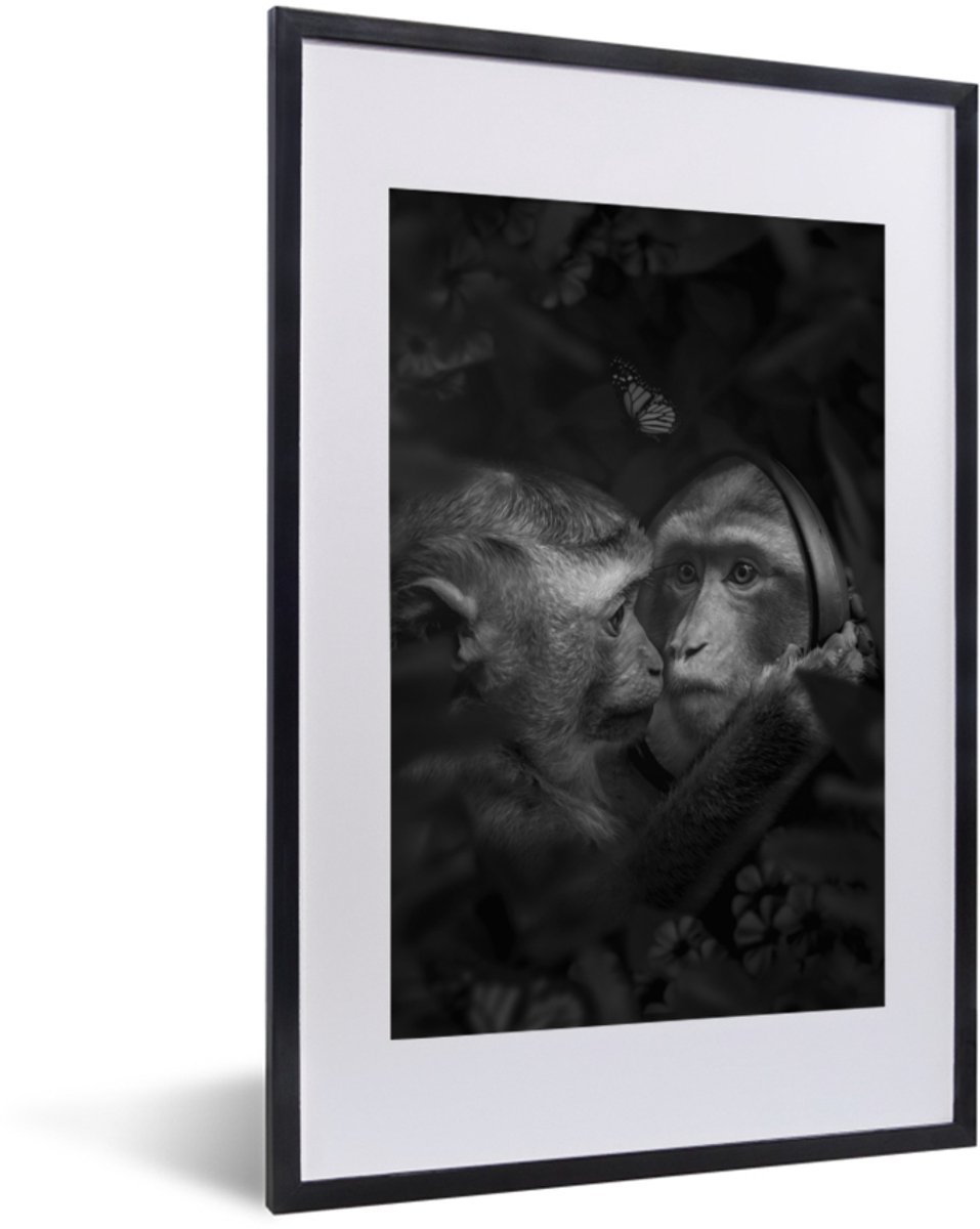 Poster in lijst - Fotolijst 40x60 cm - Posters - Aap - Spiegel - Jungle - Posterlijst zwar