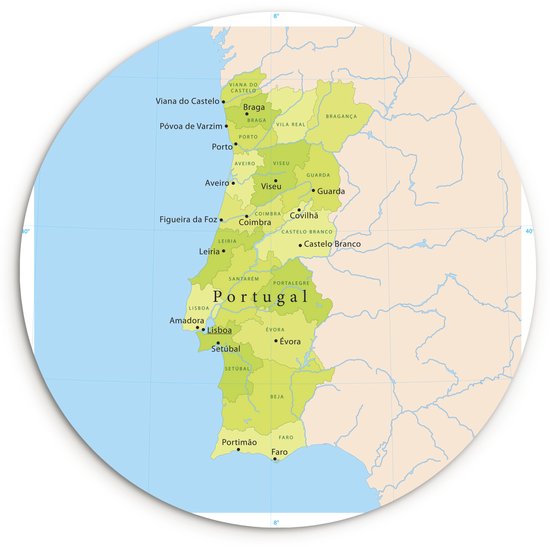 Ronde kaart van Portugal in groentinten, met steden en provincies, zonder enige context.
