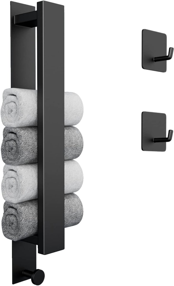 vewicokop Handdoekhouder, zonder boren, voor badkamer, gastendoekhouder, zelfklevend, voor op de muur, met 2 handdoekhaken, voor badkamer en keuken, 40 cm, matzwart