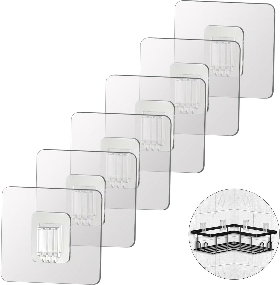 Douchecaddy, hoekdouchecaddy, klevende stickerhaken 7x7cm, transparante klevende haken voor badkamer, keuken en douche (voor douchecaddy met metalen strip)