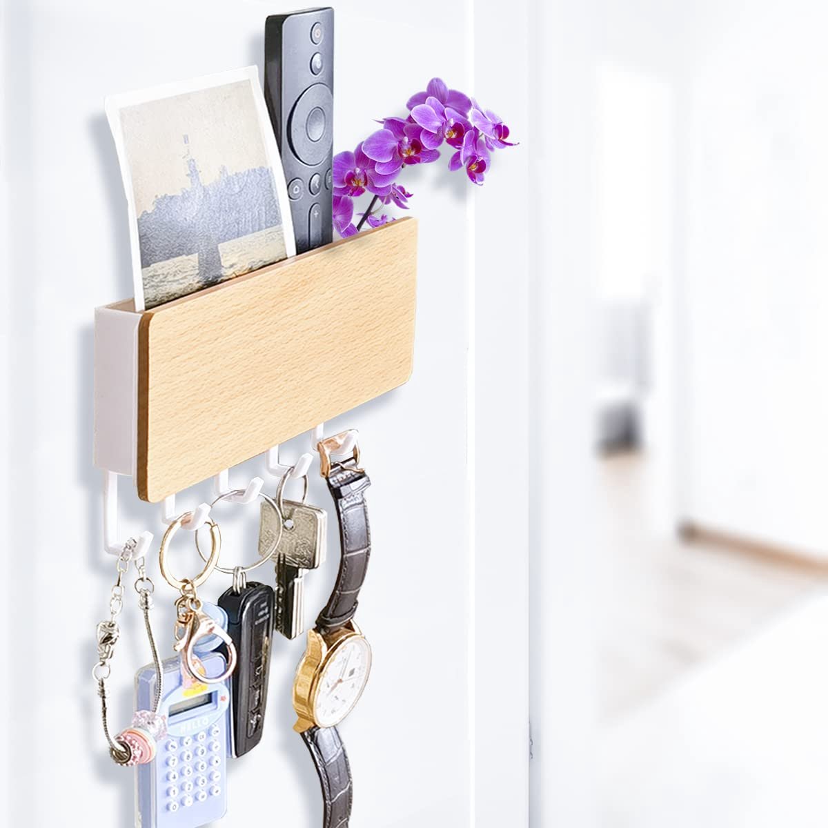 Sleutelhouder met 5 haken, eenvoudig te installeren sleutelhaken aan de muur, klein sleutelrek, kapstok, brievenrek, geschikt voor instapruimtes en achter deuren (wit)