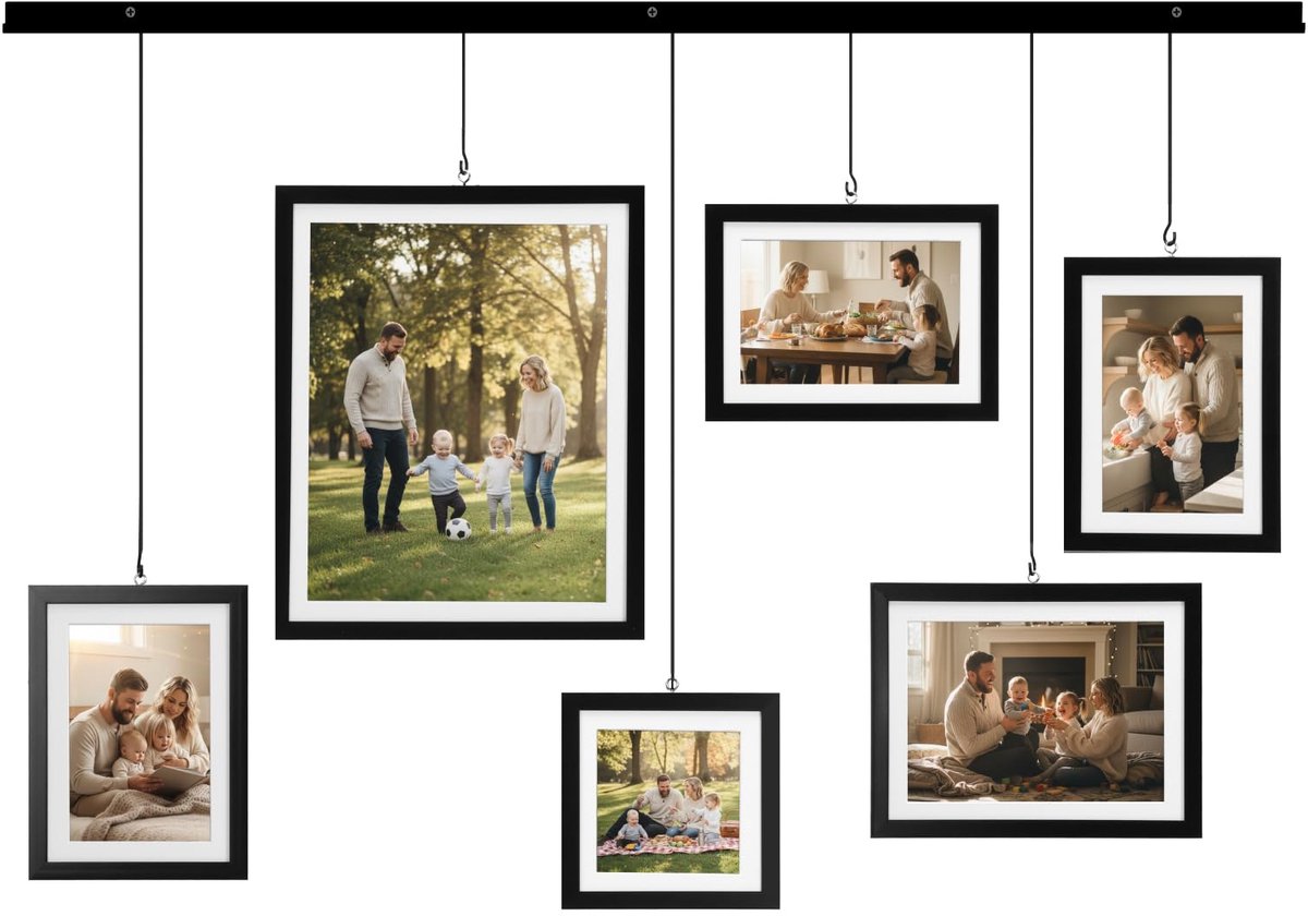 Set van 6 modulaire fotolijsten voor 10 x 15, 20 x 30 en 13 x 18 cm, voor fotogalerij, met passe-partout, van metaal, zwart