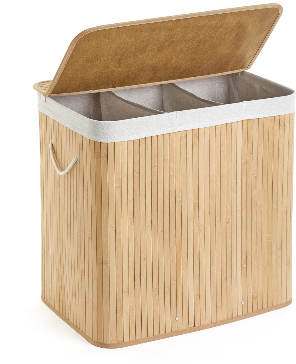 Bamboe wasmand opvouwbaar met 3 secties opbergmand met afneembare wasbare voering, wasmand, 150 l, 61,5 x 40 x 60 cm, natuurlijk