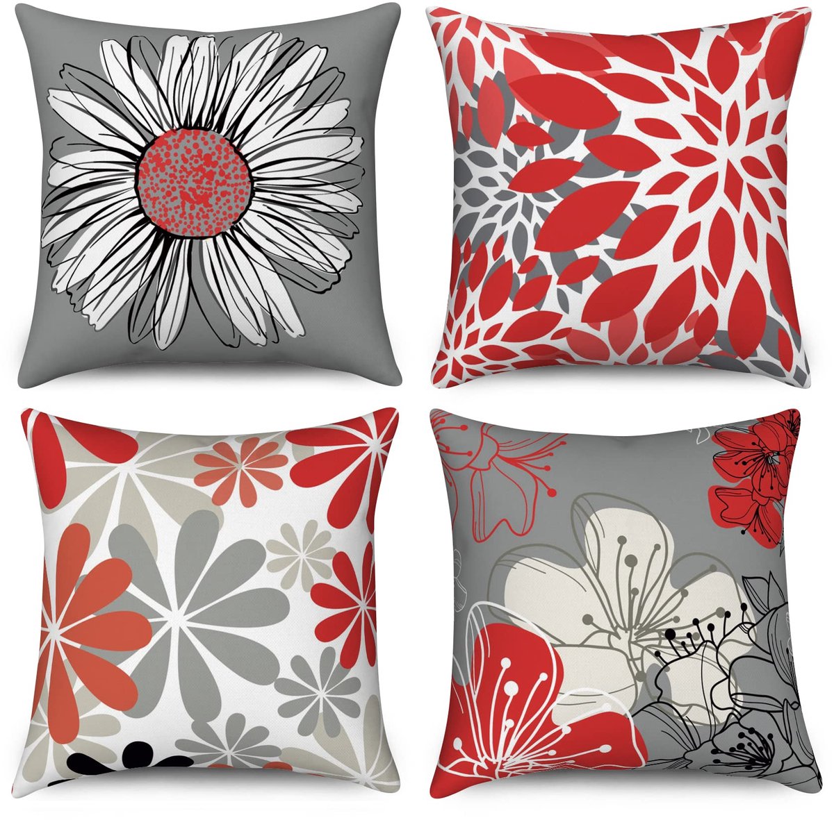 kussenslopen 45 x 45 cm, set van 4, rood en grijs bloemen decoratieve kussenhoezen moderne madeliefje boerderij Boho linnen kussenslopen voor sofa, bank, tuin buiten woondecoratie