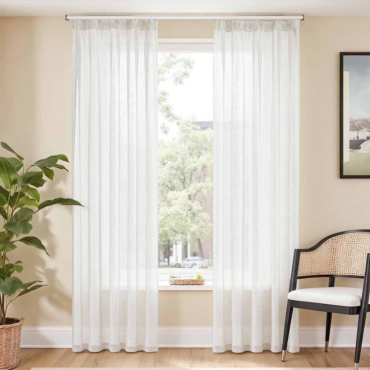 Beige gordijnen, set van 2, 225 x 140 cm (h x b), met plooiband, linnenlook, gordijnen voor woonkamer, slaapkamer, raam, transparant, modern, landelijke stijl, voile, natuur, linnen, gordijnen