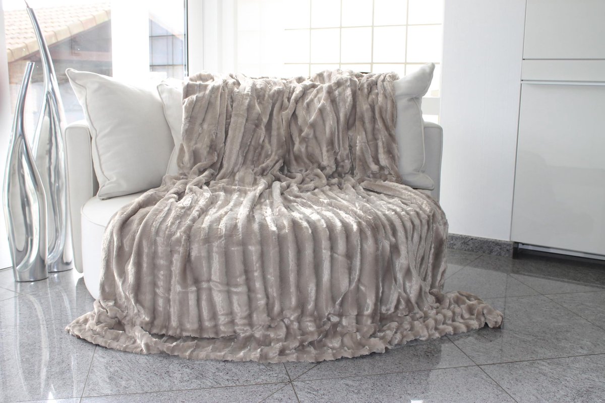 knuffeldeken imitatiebont dubbelzijdig 150x200 cm – Warme kunstbontdeken voor bank en bed, luxe woondeken plaid, comfortabel & zacht - 100% polyester, wasbaar – Taupe/Grijs