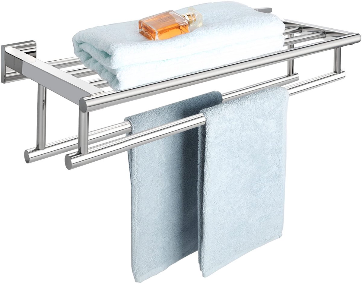Handdoekenrek Wandmontage 60CM Dubbele Handdoekplank voor Badkamer Handdoekhouder van SUS304 Roestvrij Stalen Handdoekstang Gepolijst, EGZ8000-C