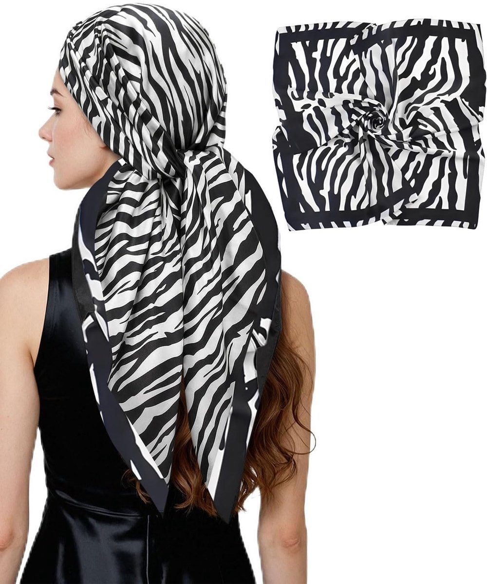 hoofddoek voor dames, 70 x 70 cm, vierkante zijden doek voor dames, met zebrapatroon in zwart en wit, voor hoeden, hals, hoofd, sjaal
