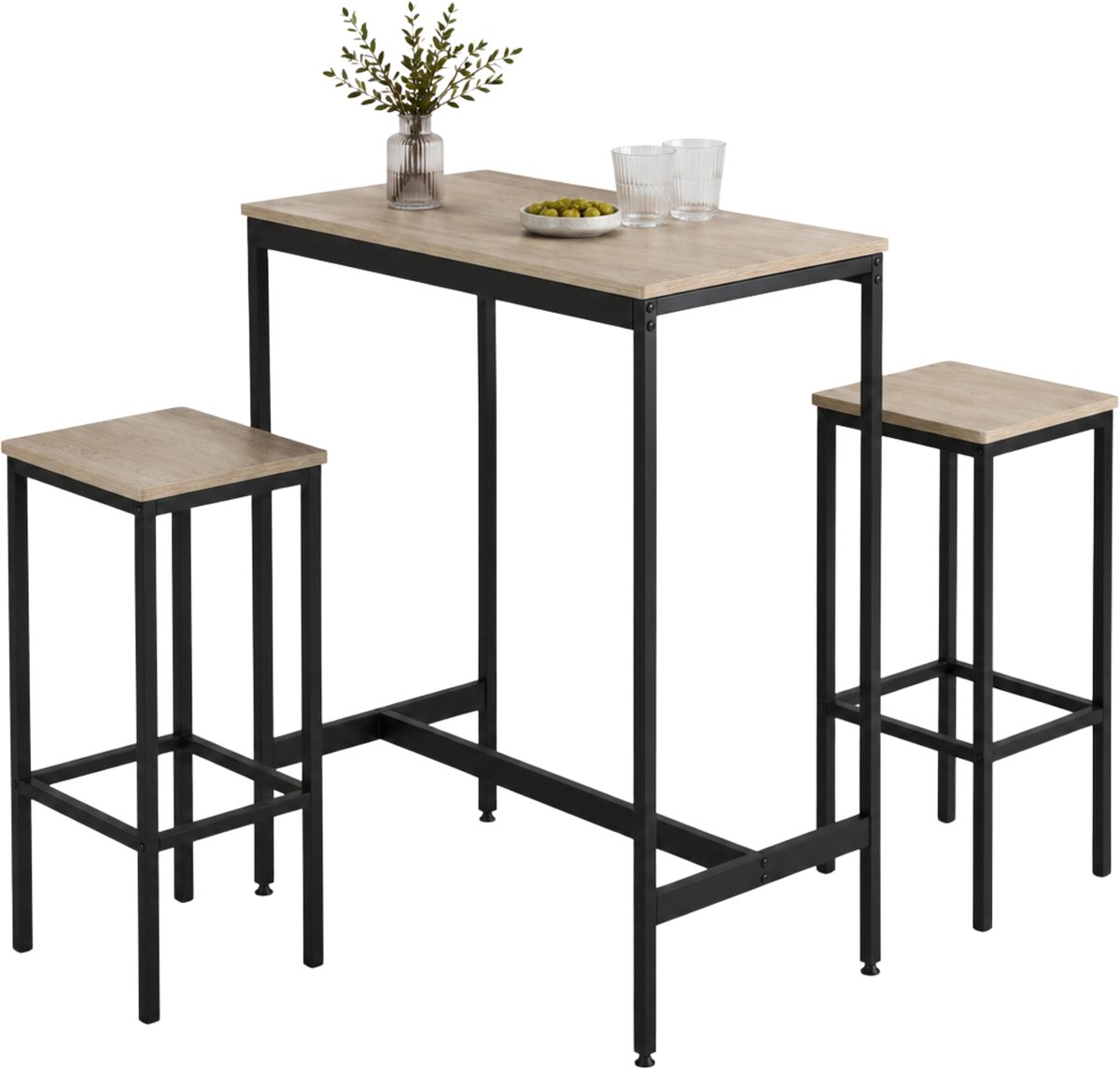 Acaza Bartafel met 2 Barstoelen – Bartafel Set - Lichte Eik - Bartafel met 2 Krukken - Ideaal voor Keuken, Woonkamer en Eetkamer