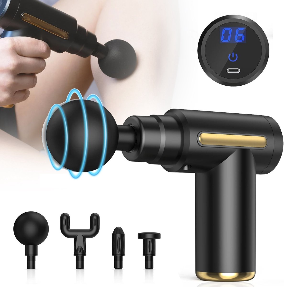 Mini Massagepistool - Handmassageapparaat Voor Spieren Met 6 Snelheden - Diepweefselpercussiemassageapparaat - 4 Massagekoppen