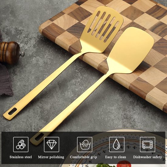 Spatels Set van 2, Kyraton Roestvrijstalen Spatel, Keuken Massieve Geperforeerde Turner voor het Koken van Vis, Eieren, Pannenkoeken, Flipper, Titanium Goud Plateren Kookgerei Set — afbeelding 4